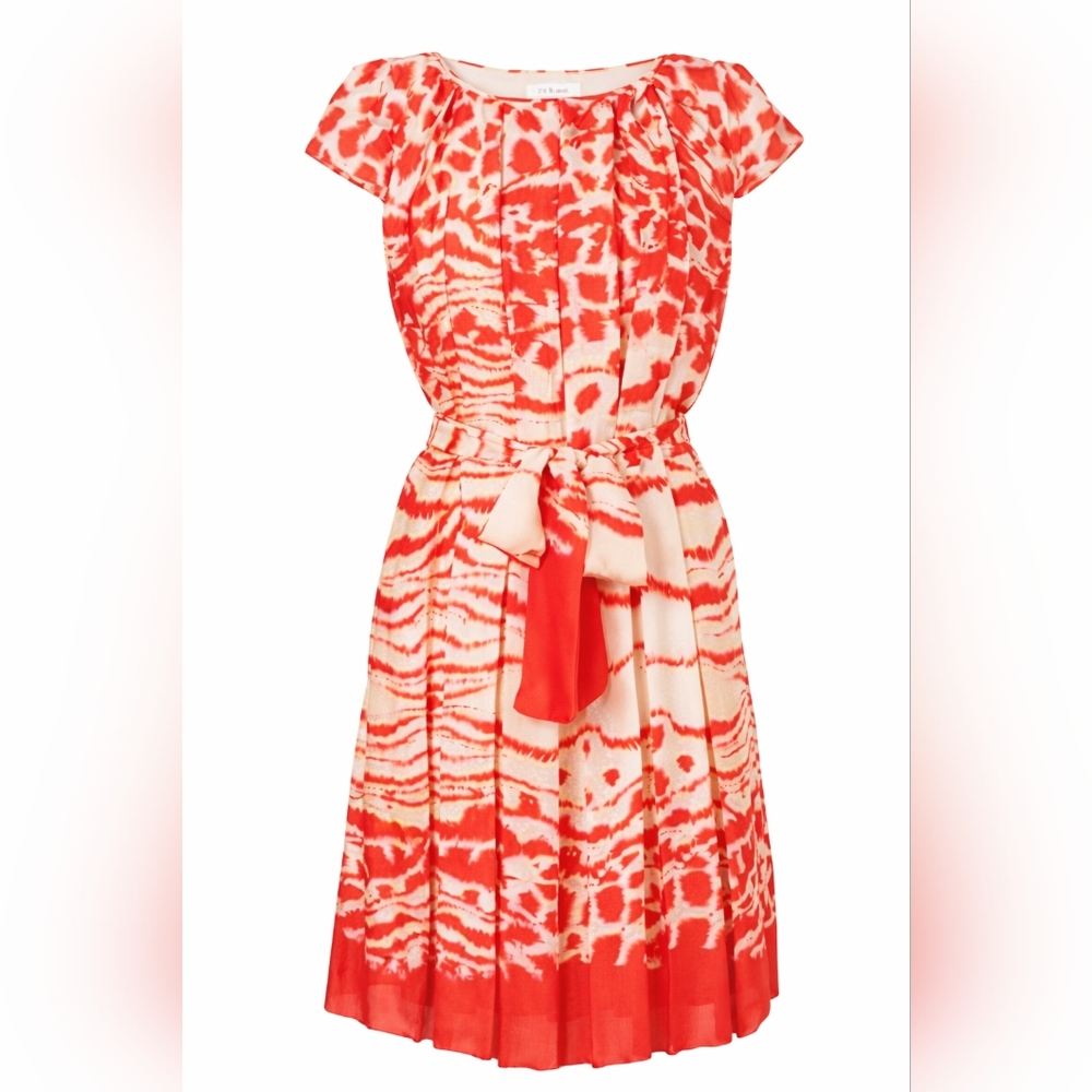 LK Bennett London Cap Sleeve Silk Dress Belted Champagne Print Coral Red Cream 8